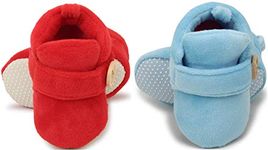 superminis Baby Girls And Baby Boys Velvet Soft Base Booties/Shoes With Wooden Button, Pack of 2 (6-12 Months, Red And Sky Blue)