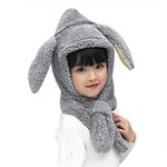 Kids Cartoon Winter Soft Fluffy Earmuff Full Hoodie Cap Hat Scarf Thermal Fleece Earflap Hood Scarves 2-1 Neckwarmer Hat Christmas Birthday Gifts for Age 1-5 Years Old Grey