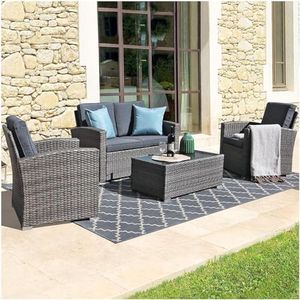 JOIVI Patio Furniture Set, All-Weather Outdoor U-Shaped Patio Conversation Set, 4 Piece PE Rattan Wicker Small Sectional Patio Sofa Set with Tempered Glass Coffee Table, Dark Gray