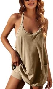 Lentta Womens Athletic Sleeveless Mini Dress with Built-in Shorts V Neck Spaghetti Strap Sundress(Khaki-XS)