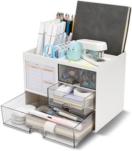 QIYVLOS Desk Organizer with 3 Drawer, Multi-Functional Pencil Pen Holder for Desk, Desk Organizers and Storage with 8 Compartments, Desktop Organizer for Office Home Art Supplies (White)