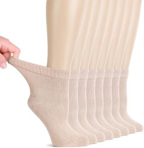 Hugh Ugoli Diabetic Socks for Women, Super Soft & Thin Ankle Socks, Wide & Loose, Non-Binding Top & Seamless Toe, 8 Pairs, Light Beige, Shoe Size: 10-12