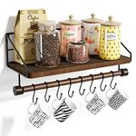 Alsonerbay Floating Shelves Wood Kitchen Shelves Wall Mounted,Rustic Storage with 8 Removable Hooks Small Floating Shelf with black Metal and dark brown Wood for Kitchen Bathroom Bar