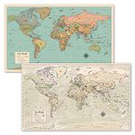 2 Pack - World Map [Tan/Color] & Antique Style World Map - Set of 2 Posters (Laminated, 18” x 29”)