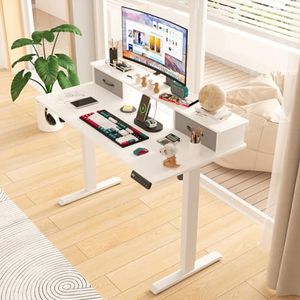 ADVWIN Electric Standing Desk with 2 Drawers, Adjustable Height Sit Stand up Desk with Storage Shelf, 120cm Splice Board White