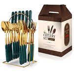 Cutlery Set, 24-Piece Home Safety Stainless Steel Silverware Set with Stand, Mirror Polishing Flatware Set Service for 6, Includes Knives, Forks, Spoons (Green-Gold)