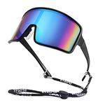 FEISEDY Large Shield Sports Sunglasses Oversized One Piece 80s Rave Glasses Beach Volleyball Cycling B4055, Blue Mirror, 75mm