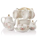 Porcelain Tea Sets British Royal Series, 8 OZ Cups & Saucer Service for 6, with Teapot Sugar Bowl Cream Pitcher Teaspoons and Tea Strainer, Suitable for High Tea, Wedding, Party（Morning Glory Flower）