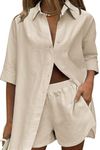 Zeagoo Linen Sets for Women 2 Piece Beach Outfits Shorts and Button Down Set Vacation Outfits