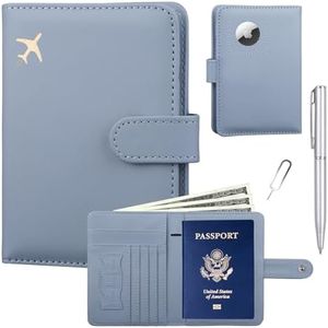GOAUS Passport Holder for Travel with Airtag Card Slots, Money Pocket, Women Men RFID Blocking Wallet Book Case Blue