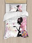 Ambesonne Fantasy Duvet Cover Set, Modern Silhouette in a Floral Wings Surreal Garden Flying Butterflies Print Blushy, Decorative 3 Piece Bedding Set with 2 Pillow Shams, Twin Size, Multicolor