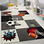 Paco Home Children'S Rug Trophy Basketball Football Children Rug Tennis Check Grey Cream, Size:160x220 cm