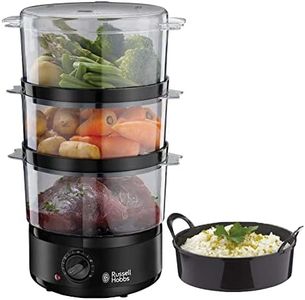 Russell Hobbs Compact 26530-56 Steamer 7.0 L (60 Minute Timer + Automatic Shut-Off, 3 Dishwasher-Safe Steam Containers + Rice Bowl/Rice Cooker, BPA-Free)