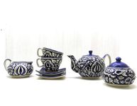Mirakii Ceramic Blue Printed 7 Piece Tea/Coffee Set Floral No Strainer, Serve Herbal Tea or Milk in Kettle (Blue MORG Tea Set)