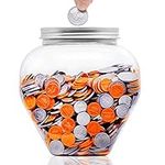 Mczcent Large Coin Bank Jar, 5/8 Gallon Big Clear Plastic Coin Money Tip Change Saving Piggy Jar with Silver Slotted Lid, Large Plastic Coins Piggy Money Change Clear Bank for Adults Teens Kids