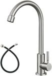 Heyalan Brushed Nickel Kitchen Faucet Cold Water Only 1 Hole Single Handle 360 Degree Swivel Spout Deck Mount High Arc SUS304 Sink Bar Tap Goose Neck with Hose and Longer Thread Pipe