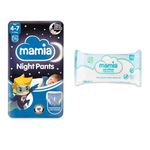 Mamia Night Pants Age 4-7 15 Pack (Blue) + 60 Fragrance Free Baby Wipes