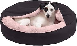 Petslover - Round Snuggery Hooded Fabric Dog Bed With Attached Blanket, Calming Anti-Anxiety Hooded Donut Bed & More for Dogs & Cats - Multiple Colors, Sizes, & Styles Black (Large)