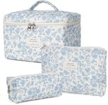 VOSTEVAS 3pcs Cotton Makeup Bag Quilted Cosmetic Bag Large Travel Toiletry Bag Cute Floral Pouch for Girls Women (Blue Flower)