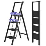 JOISCOPE 4 Step Ladder Folding with Handrail, 270KG Load Capacity, Lightweight Folding Ladder for Adults, Portable Anti Slip Folding Stool, Multifunctional Step Ladder for Indoor/Outdoor, Black