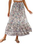 SotRong Long Boho Skirts for Women Bohemian Hippie Summer Midi Skirt Vintage Floral Print Tie Waist A Line Swing Skirts Beige L