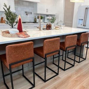 ALPHA HOME 24” Bar Stools Set of 4 Counter Height Bar Stool Pu Leather Kitchen Modern Bar Stools with Backrest Upholstered Footrest Sturdy Chromed Metal Steel Frame,Brown.