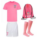 Personalised England Style Kit White and Pink Football Shirt, White Shorts, Bag and Socks for Boys and Girls Best Birthday Gift for Children Kids Playwear (7-8 Years)