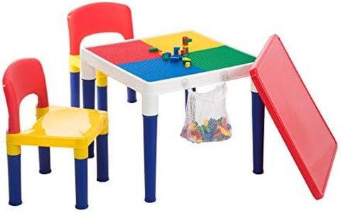 Lenoxx 2 in 1 Multi Kids Activity Table Chair Set with Creative Building Blocks - 100 Pcs Building Blocks Table with Cover Lid for Toddlers Activity, Lego Compatible - Multicolor