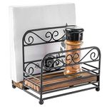 MyGift 2-in-1 Tabletop Dining Napkin Holder and Spice or Condiment Rack, Matte Black Metal Wire Vintage Scrollwork Caddy with Rustic Burnt Solid Wood Base