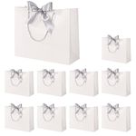 10 Pcs White Gift Bags with Silver Bow Ribbon, Paper Party Favor Bag with Handles Gift Bags Large for Wedding Graduation Birthday Party Celebration Present Bags, 12.5x10x4.3 Inches