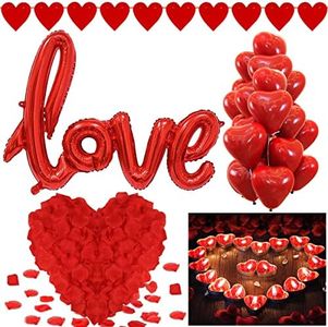 Decoración San Valentín Globos 1000 Pétalos de Rosa Artificiales 50 Velas Corazón Rojo 20 Globos Rojos Corazon Globos LOVE para Bodas Aniversario Nupcial Cumpleaños Decoración