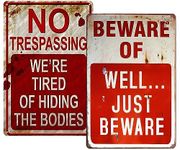 Bazion Creepy Halloween Signs Retro Fashion Chic Funny Metal Tin Sign No Trespassing We're Tired of Hiding The Bodies Door Yard Signs Decorations (No Trespassing-2pcs)