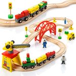 KipiPol Wooden Train Sets for Boys 3-4-7 – 38 Pcs Wood Train Set for Toddlers w/Crane, Bridge & Wooden Train Tracks – Train Toys for 3 Year Old Boys & Girls – Fits Thomas Brio IKEA Melissa and Doug