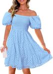 PRETTYGARDEN Womens Summer Puff Sleeve Mini Dress Off Shoulder Eyelet Smocked A Line Casual Babydoll Short Dresses (Blue,XX-Large)