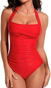 Smismivo Tummy Control Swimwear Halter One Piece Slimming Vintage Retro Swimsuit Womens Ruched Push Up Bathing Suit, Red, Medium