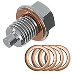 TimNas Pack-1 M12 x 1.75 Aluminum Engine Oil Drain Plug, Sump Drain Nut Bolt, with 5 Copper Crush Washer Anti Leakage Replacement, Fits for Automobile Motorcycle Boats Heavy Duty Drain Plug (Silver)