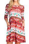 ICONOFLASH Christmas Dresses with Pockets for Women 3/4 Sleeves Swing Holiday Party Dress Up Color Reindeer Pattern, Size Medium