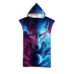 Treer Changing Robe Hooded, Adult Poncho Towel Microfibre Quick Dry Light Weight Wolf Animal Print Towel for Women Men Beach Swimming Surfing Wetsuit Travel (75 * 110cm,Purple planet)