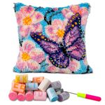 LAPATAIN Latch Hook Kits for DIY Throw Pillow Cover,Purple Butterfly Needlework Cushion Cover Hand Craft Crochet for Great Family 16.5x16.5inch