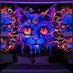 Uspring Trippy Blacklight Skull Tapestry Gothic Cat Skeleton Tapestries Hippie Eyes Tapestry UV Large Tapestry Psychedelic Wall Tapestry Hanging for Bedroom (59.1 x 82.7 inches)