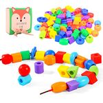 Plastic Lacing Beads for Kids 70 pcs with Fun Shapes, Long String, and Brilliant Colors, Educational Occupational Therapy Toys, Montessori Fine Motor Toys for Toddlers Preschool Boys and Girls3+