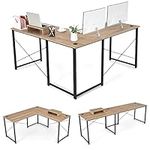 CASART L-Shaped Computer Desk, Reversible Corner Desk Writing Table with Monitor Stand & 3 Cable Holes, 2-Person Study Workstation Long Table for Home Office (Natural)