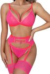 popiv Women Sexy Lingerie Strappy Lace Garter Lingerie Sets High Waisted Sheer Mesh Lingerie, Pink, Small