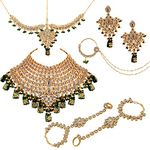 Lucky Jewellery Green Bridal Dulhan Wedding & Engagement Necklace set With Mang Tikka Combo Jewellery Set Uncut Kundan Big Faux Kundan Choker Necklace Set For Girl's & Women