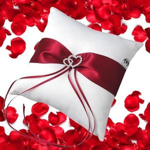 EinsSein 1x Coussin de Bague Amore Parentesi grand rouge blanc porte - anneau de mariage original - Anneau Oreiller Mariage de Anneau Avec Ruban Satin Porte-oreiller Porte bague Vintage - Décoration Double Coeurs 20x20 cm
