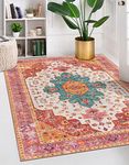 Moynesa Washable 5x7 Large Living Room Bedroom Rug Non Slip, Boho Non-Shedding Pink Dining Room Rug, Oriental Medallion Ultra-Thin Indoor Floor Carpet for Kids Nursery Room Office, Pink/Teal/Multi