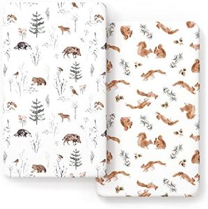 Stretch Ultra Soft Jersey Knit Fitted Crib Sheets Set 2 Pack，Fit All Standard Crib Mattress Pads Safe and Snug, Crib Fitted Sheet for Baby, Cute Jungle Squirrels and Animals