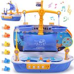 CUTE STONE 3-in-1 Toy Boat, Ship Toy Fishing Game, Magnetic Fishing Toys with 10 Fish, 2 Toy Fishing Poles, Electronic Playset with Fishing Pond, Educational Gift with Music for Kids Boys Girls