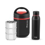 Jaypee Plus Hottspot Electric Lunch Box with 3 Stainless Steel containers 350 ml Each & 650 ml Vaccum Insulated Hot & Cold Water Bottle | Easy to Carry, Pull in & Out | Food Grade,Black