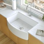 Farmhouse Sink, DeerValley 30'' L x 21'' W Fireclay Farmhouse Kitchen Sink Single Bowl White Farm Sink Grove Arch Edge Curved Apron Front Sink with Bottom Grid and Strainer